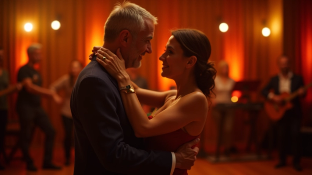 Casal dançando bachata em salão com banda ao vivo, iluminação ambiente quente, ambiente celebratório