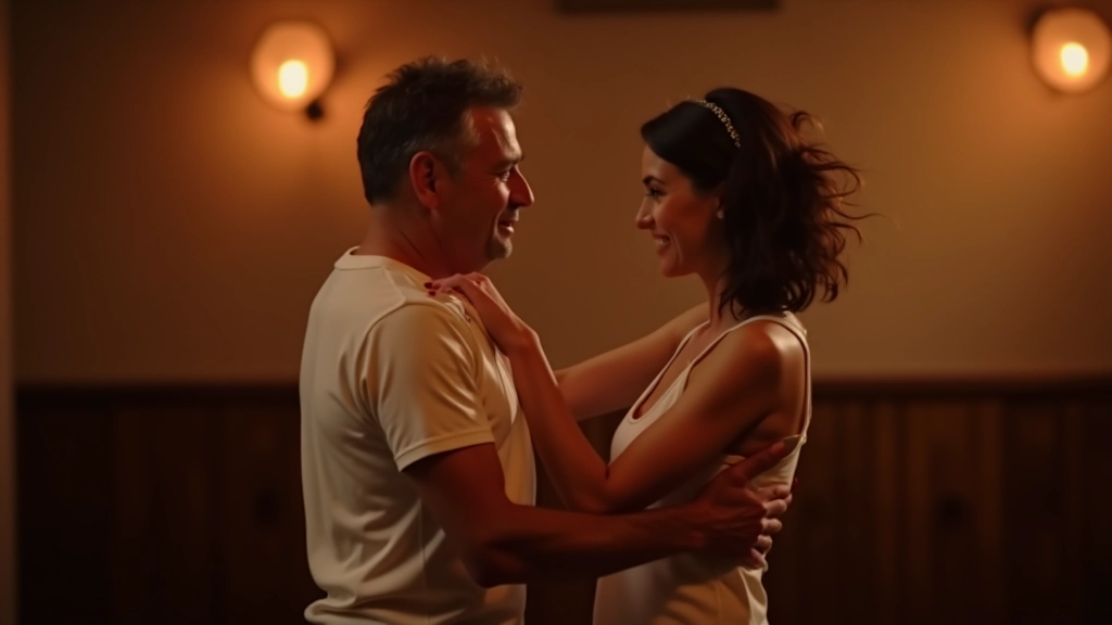 Casal de meia-idade dançando bachata em estúdio, sorrindo, movimento elegante, iluminação quente