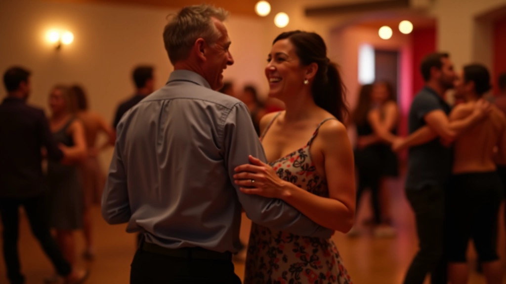 Grupo de dançarinos em evento social, posições corretas, interações respeitosas entre parceiros