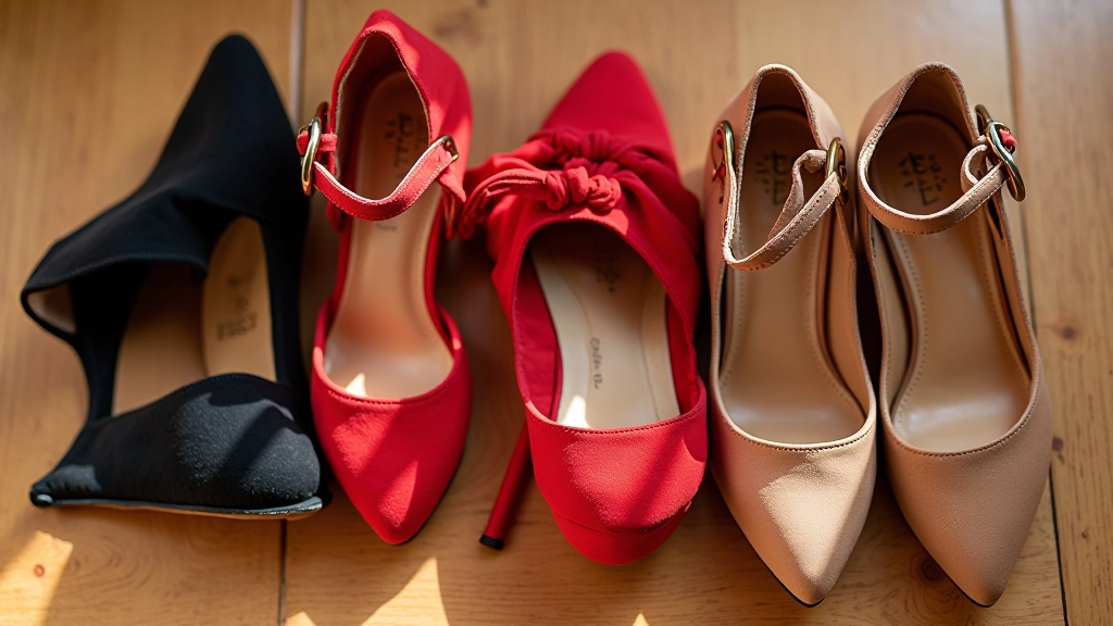 Pares de sapatos de dança em diferentes cores dispostos em linha, sapatos femininos com salto médio e sapatos masculinos elegantes