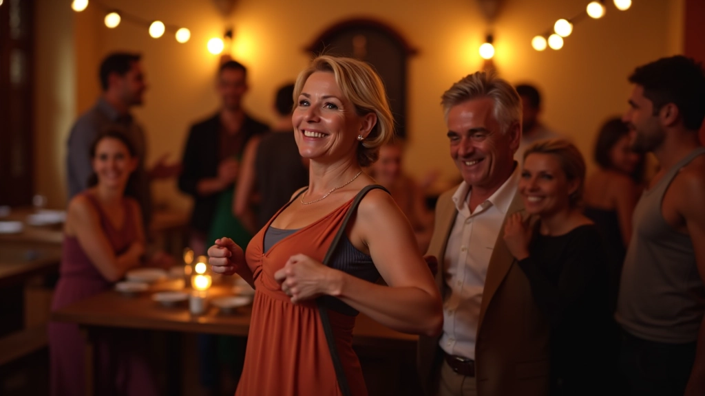 Grupo de amigos adultos rindo e conversando num salão de dança, ambiente festivo com decoração tradicional portuguesa