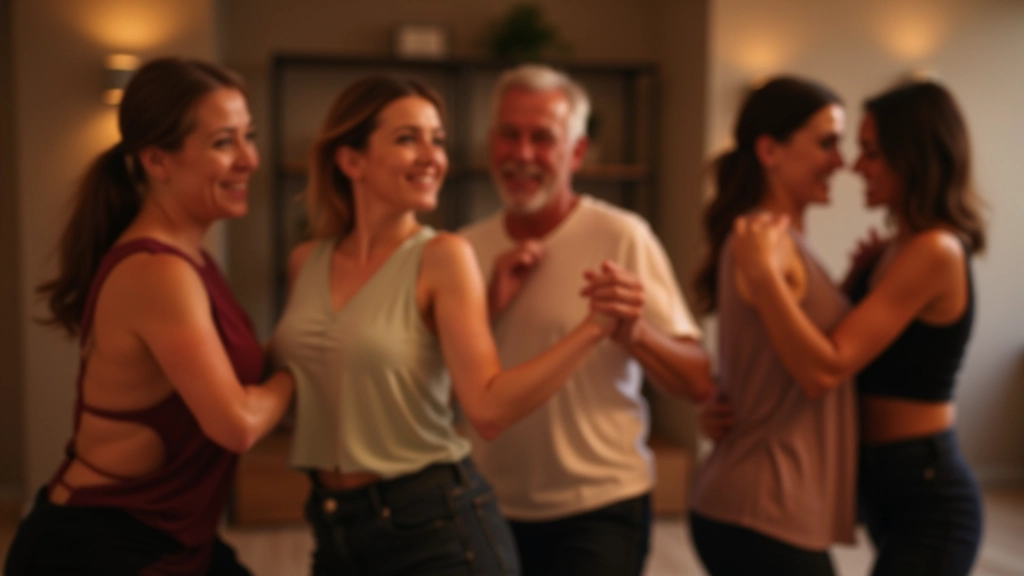 Dois pares dançando juntos em aula, interação social positiva, ambiente acolhedor