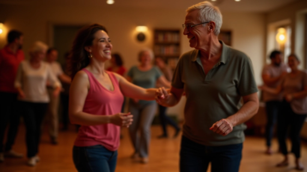 Adultos rindo juntos durante aula de salsa num estúdio acolhedor